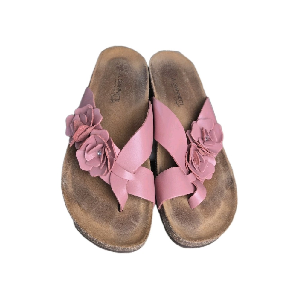 A. Giannetti Comfort Sandals Rose Pink Flower Leather Slides 9 Beach‎ Summer